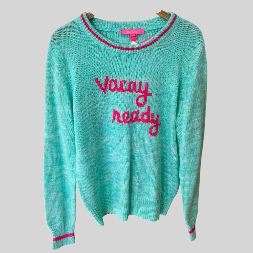 NEW Lilly Pulitzer Rollins Sweater Surf Blue Vacay Ready Intarsia Pink.